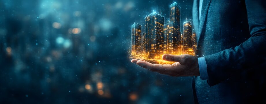 Businessman holding digital building hologram, smart city, real estate technology, urban innovation