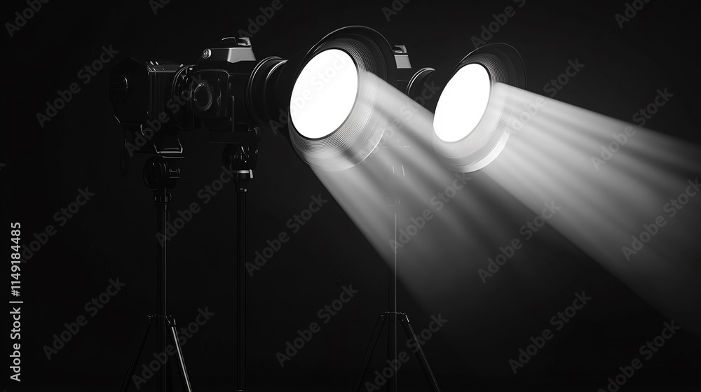 Poster creative lighting setup with cameras and spotlights in a dark studio space.