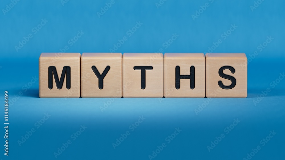 Aufkleber myths word made with building blocks. a row of wooden cubes with a word.close up of wooden elements,