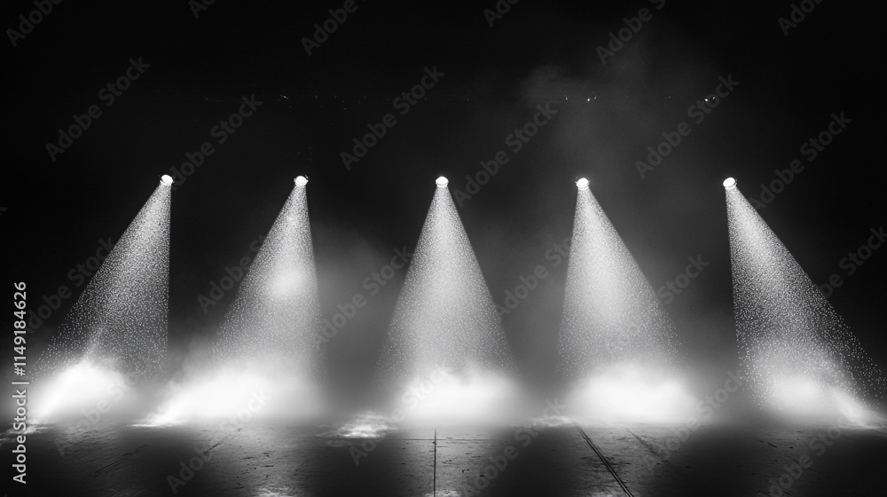 Poster lighting effects create dramatic atmosphere with mist and beams in performance area.