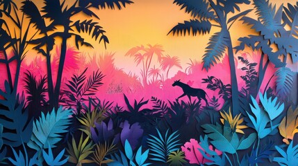 Vibrant Jungle Scene with a Silhouette of an Animal at Sunset