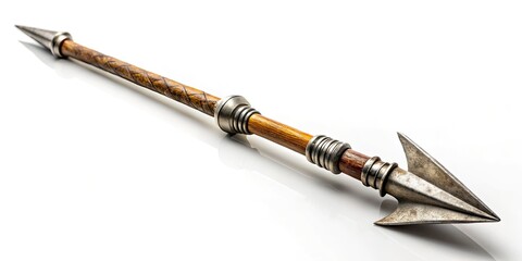 Fototapeta premium A long, antique spear, a medieval military weapon, stands alone against a white backdrop; a historical relic of weaponry history.
