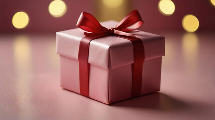 Obraz premium Elegant pink present on a pink backdrop with soft golden bokeh lighting. Ideal for Valentine’s, celebrations, or love themed designs