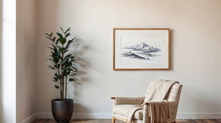 minimalist interior design style with a focus on natural elements. The layout includes a tall, slender potted plant with dark green leaves, placed in a textured, dark brown ceramic pot on a wooden flo