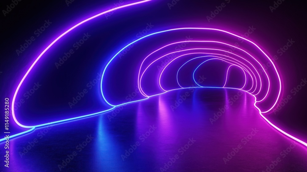 Poster abstract neon purple, blue lines create dynamic futuristic tunnel effect on black background. wavy s