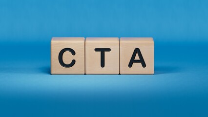 On a wood board, wooden word cubes are arranged in the letters CTA. It is an abbreviation for Call To Action.3D rendering on blue background.