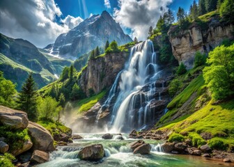 Alpine waterfall cascades through stunning Austrian mountain scenery.