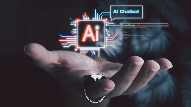 An open hand displays a holographic AI interface with a circuit design, "AI" text, chatbot, and command bar. A futuristic ring projects a hologram, enhancing the advanced AI concept.