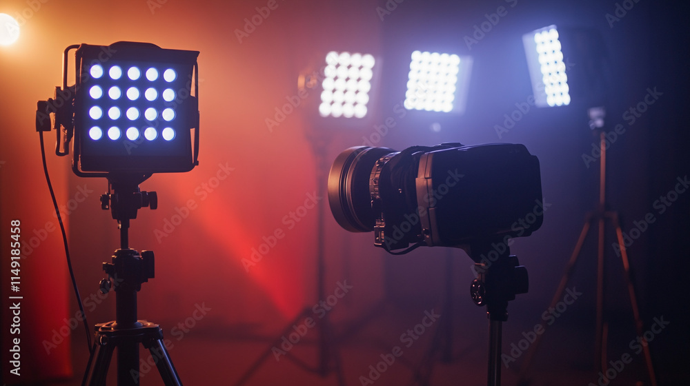 Poster studio setup with lighting and camera for a professional shoot in an indoor space.