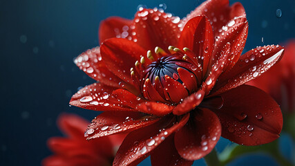 Red blooms adorned with water droplets, creating a natural background or beautiful garden scene full of life and elegance
