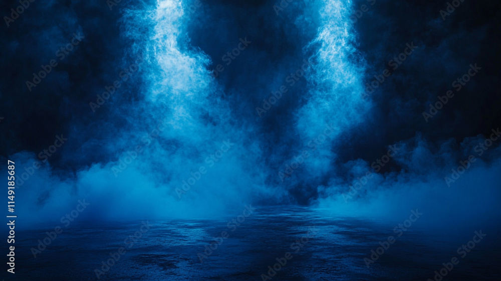 Poster mysterious blue fog envelops an empty stage during a nighttime performance.
