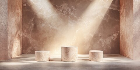 Minimalist beige podiums on textured wall background.
