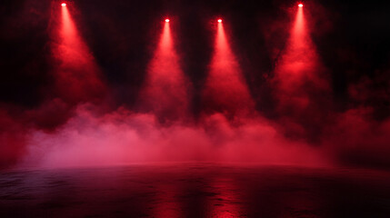 Naklejka premium Dazzling red lights illuminate a misty stage for an unforgettable performance. 