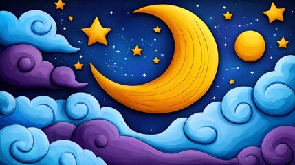 A painting of a moon and stars with a yellow moon in the middle