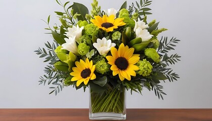 Sunflowers lilies and greenery in a glass vase