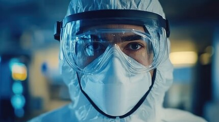 Close-up portrait of a scientist in protective gear, looking directly at the camera in a laboratory setting.