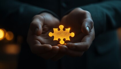Photorealistic Hands Offering a Radiant Jigsaw Puzzle Piece with Warm Bokeh Lights in the Distance