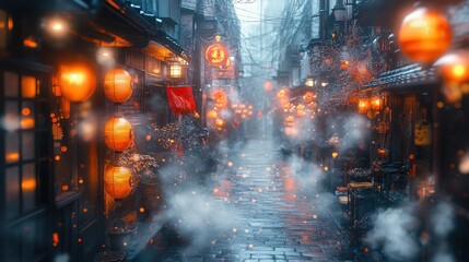 Fototapeta premium A misty alleyway adorned with glowing lanterns, creating a serene, atmospheric scene.
