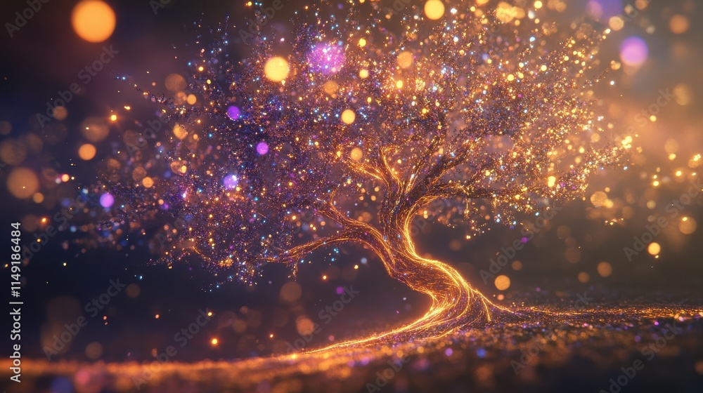 Poster magical tree with glowing lights and sparkling bokeh effect