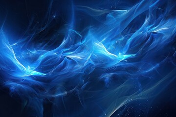 Abstract blue background with interweaving smooth lines and bright highlights. Incorporating an array of bright, random geometric shapes, contributing to a sense of knowledge and mystical strength.