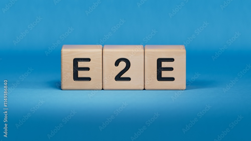 Poster text e2e is written on wooden cubes standing in a row. around the blocks with letters. can be used f