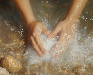 Fototapeta premium Hands submerged in water, washing clothes, creating ripples and splashes