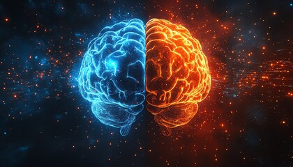 Fototapeta premium Artistic split brain illustration, human cognition represented by organic patterns on one side, advanced digital technology on the other, glowing energy, ultrarealistic details