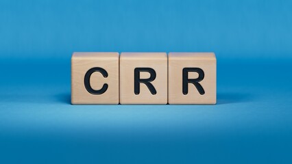 Text CRR CREDIT RISK RATING writing in cube ladder.close up of wooden elements,Business Concept.3D rendering on blue background.