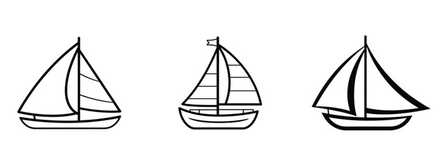 Set of Sailboat icon, silhouette, outline, vector, illustration isolated on a white background