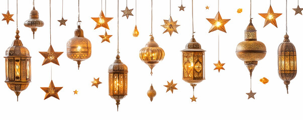 A collection of ornate hanging lanterns and stars, creating a festive atmosphere.