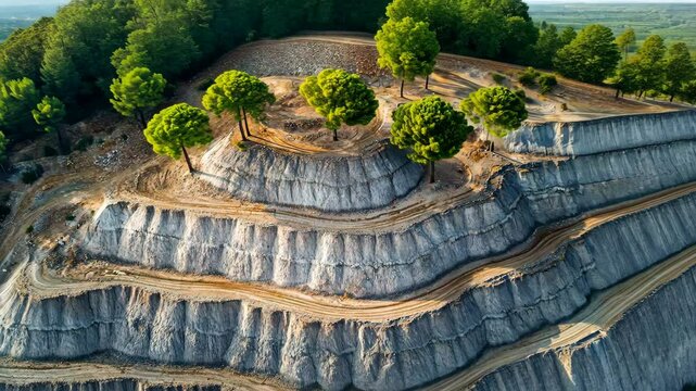 Unique terraced landforms with greenery atop hillside during daylight showcasing natural beauty in a serene environment