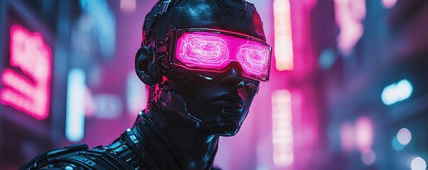 Naklejka premium Futuristic humanlike figure with a glowing brain, showcasing advanced technology, digital environment with neon lights and holograms, ultrarealistic details, cyberpunk style