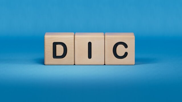 The word dic is written on wooden cubes. Medical concept.close up of wooden elements,Business Concept.3D rendering on blue background.