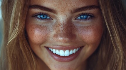 Fototapeta premium Close-up portrait of a young woman with freckles and a bright smile, showcasing healthy skin and vibrant blue eyes.