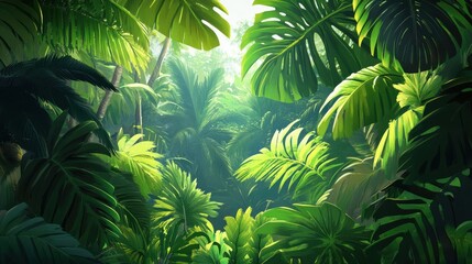 Lush Tropical Jungle with Green Leaves and Sunlight Filtering Through