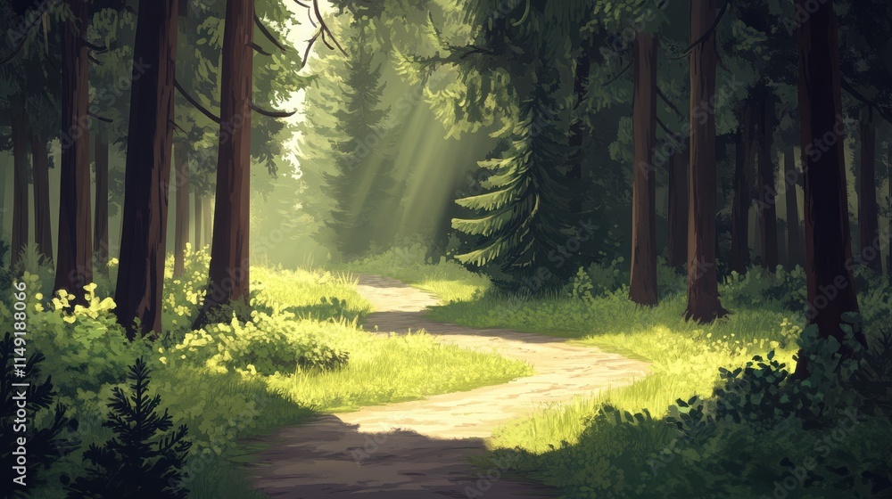 Poster serene forest path with sunlight filtering through trees