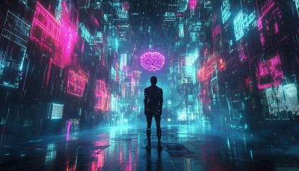 Humanlike figure with a visible brain, advanced technology integrated into digital world, vibrant neon lights, futuristic cybernetic design, detailed atmosphere