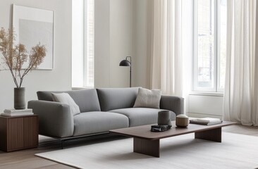 Modern living room with gray sofa, wooden coffee table, and natural light.