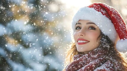 Joyful woman in santa hat winter wonderland portrait photography