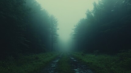 Obraz premium A misty forest path shrouded in fog, creating an eerie and mysterious atmosphere.