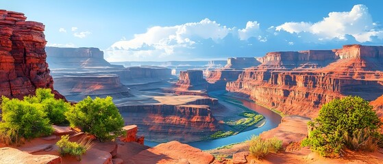 A stunning panoramic view of red rock formations and a winding river under a bright blue sky, showcasing the natural beauty and grandeur of the canyon landscape.