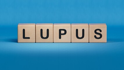 The word LUPUS is written on wooden cubes. Medical concept.close up of wooden elements,Business Concept.3D rendering on blue background.