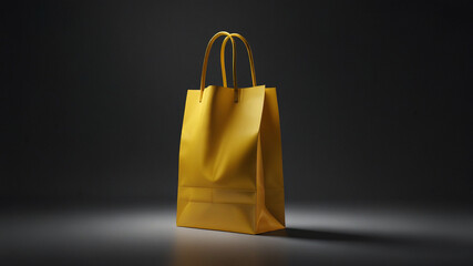 3D mockup yellow paper shopping bag with crisp folds and sturdy handles, floating against a dark gradient background