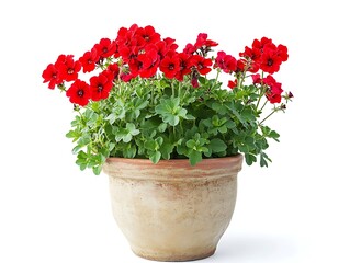 red geranium plant in a ceramic pot isolated on white background