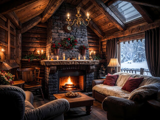 inside a cozy cabin living room with fireplace and big windows overlooking snowy pine forest