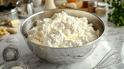 Whipped cream in bowl with kitchenware.