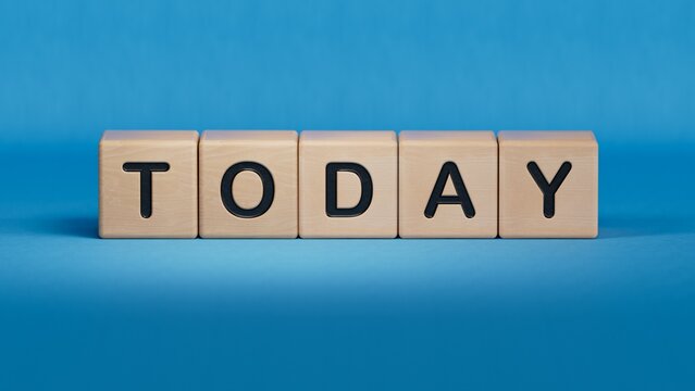 Today word made of wood background. Today sign, current day concept. Calendar concept. Word today written with wooden cubes.Business Concept.3D rendering on blue background.