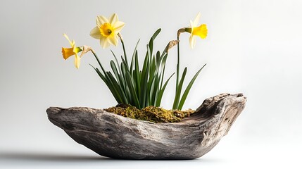yellow daffodil plant in a rustic pot isolated on white background © SKY