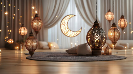 A cozy, illuminated space with decorative lanterns and a crescent moon, creating a serene atmosphere.