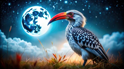 Fototapeta premium A red beak silhouettes against the night sky; a captivating image of a nocturnal African hornbill in its jungle habitat.